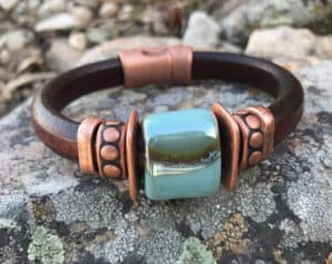 brown leather bracelet with ceramic focal