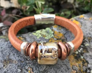 Leather bracelet tan ceramic focal bead